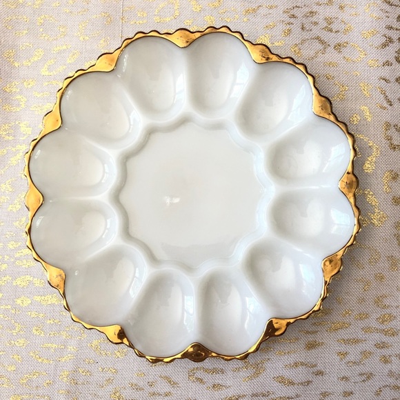 Vintage Milk Glass 12 Deviled Egg Plate Gold Trim Ornate 10" - Picture 3 of 8